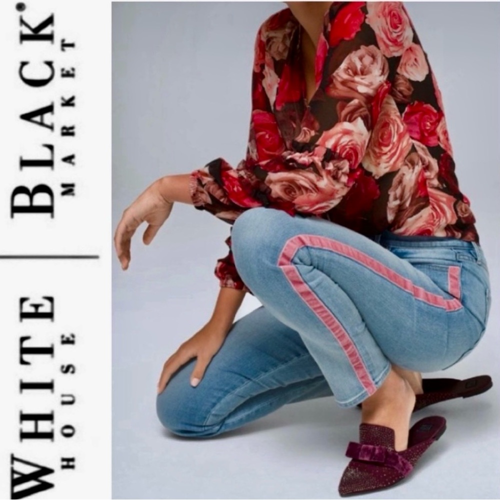 NEW White House Black Market jeans pink velvet tuxedo stripe everyday straight